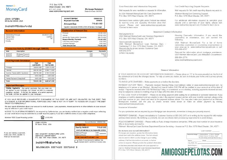 Extrato de hipoteca de cartão de dinheiro Walmart dos EUA em formatos Word e PDF amostra
